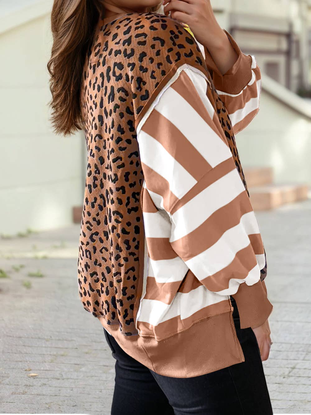 Color Block Patchwork Leopard Casual Sweatshirt with Slits