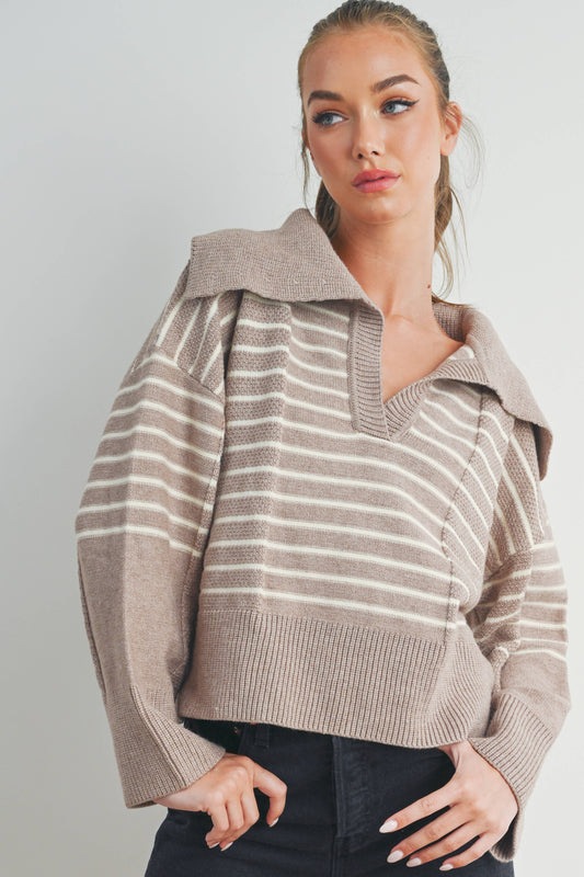 TEXTURED STRIPED V-NECK BIG COLLAR LS SWEATER - BMW7247