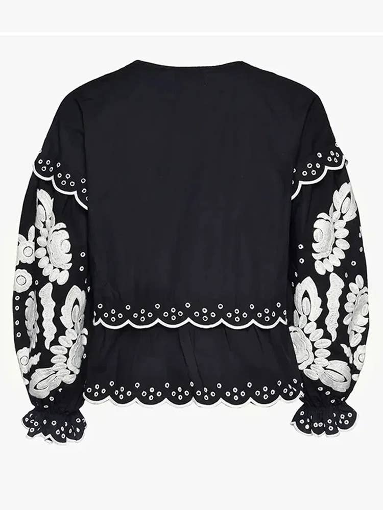 Lace-Up Embroidered Long-Sleeved V-Neck Shirt