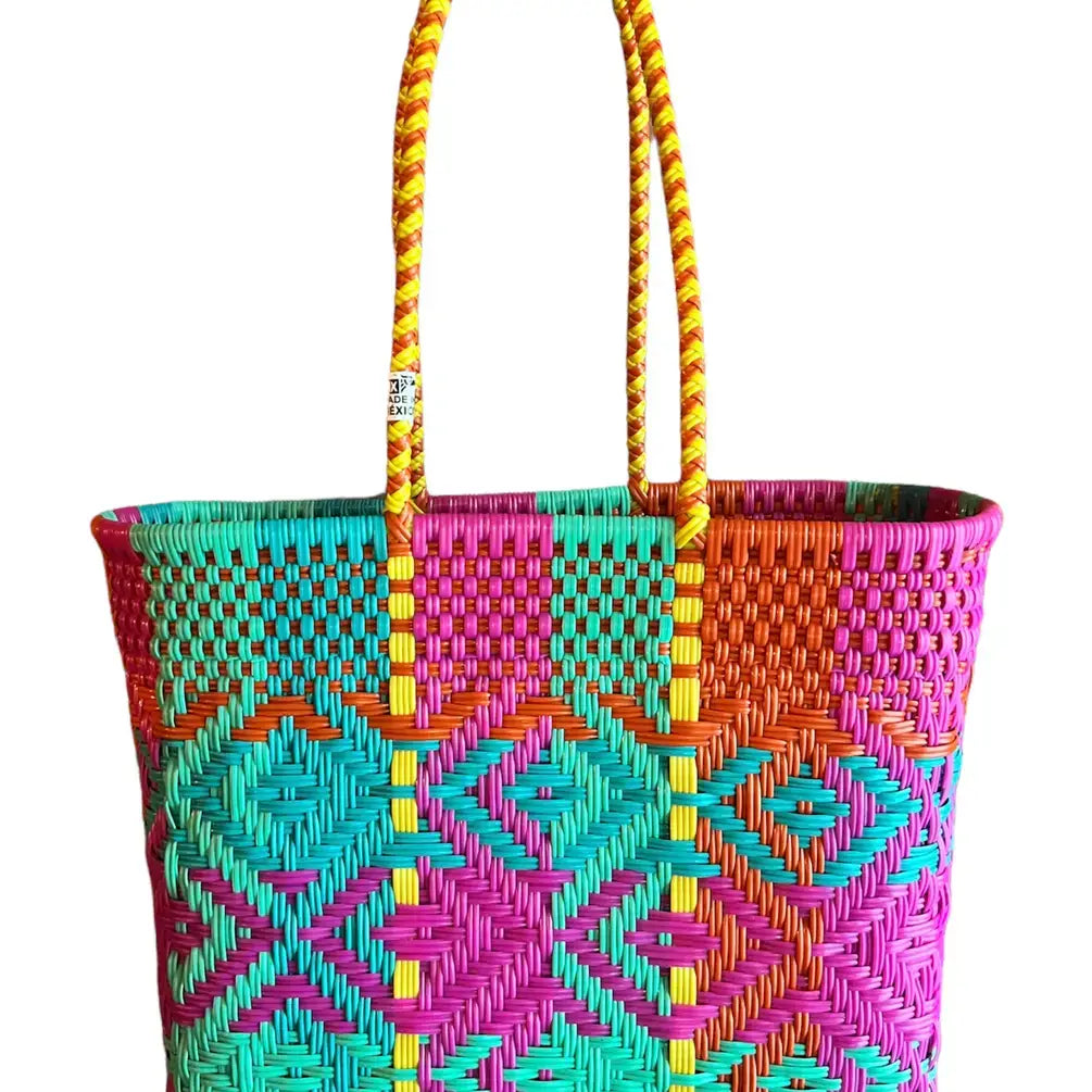 Fuchsia & Turq. Handwoven recycled plastic beach Bags