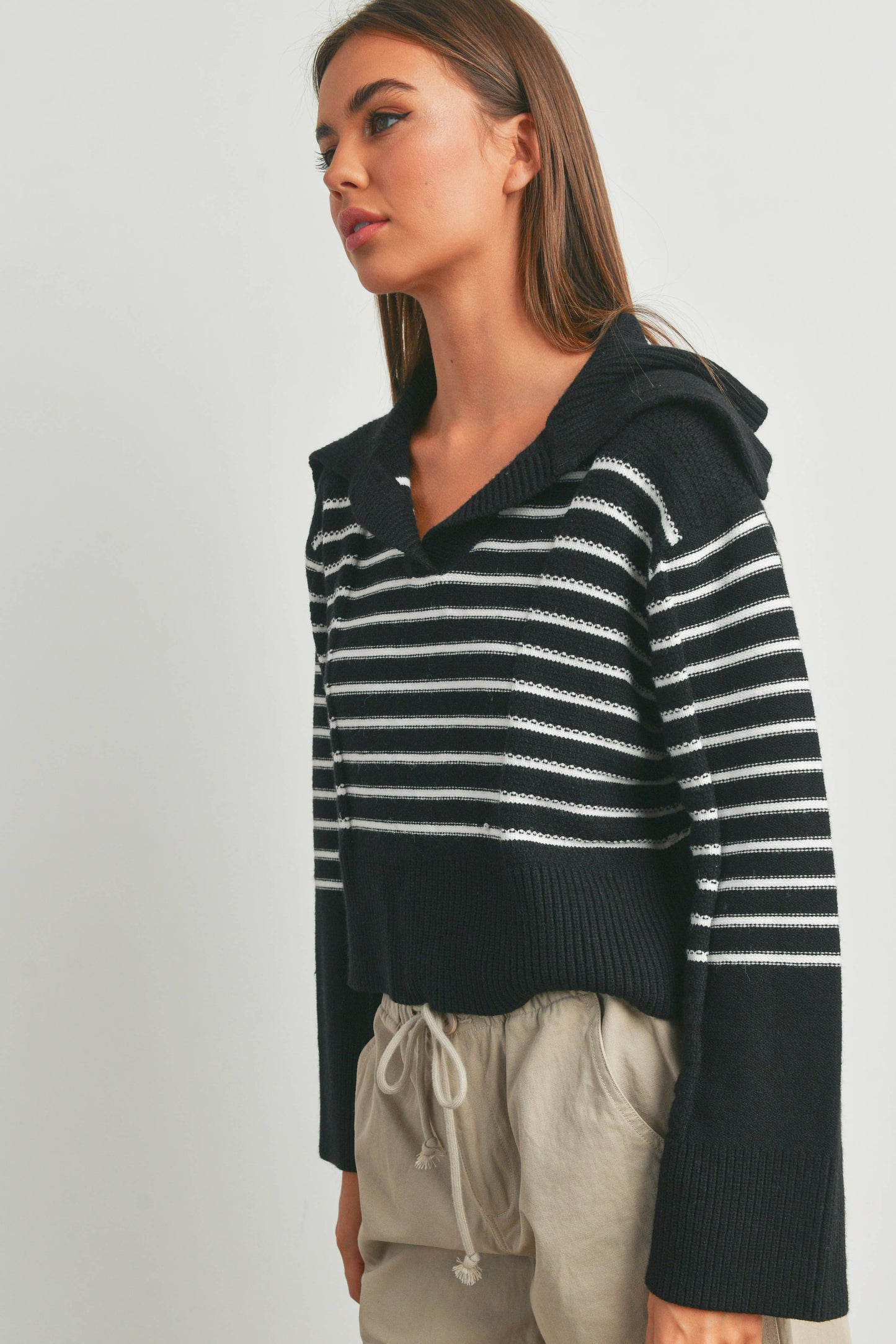 TEXTURED STRIPED V-NECK BIG COLLAR LS SWEATER - BMW7247