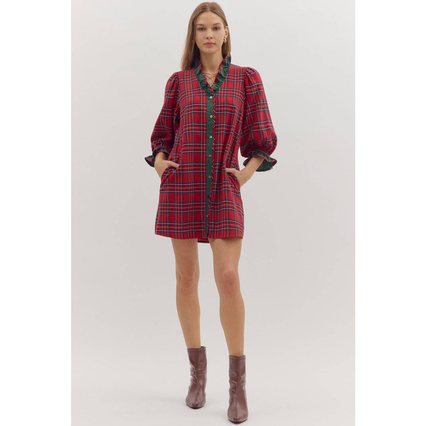 Plaid puff sleeve mini dress