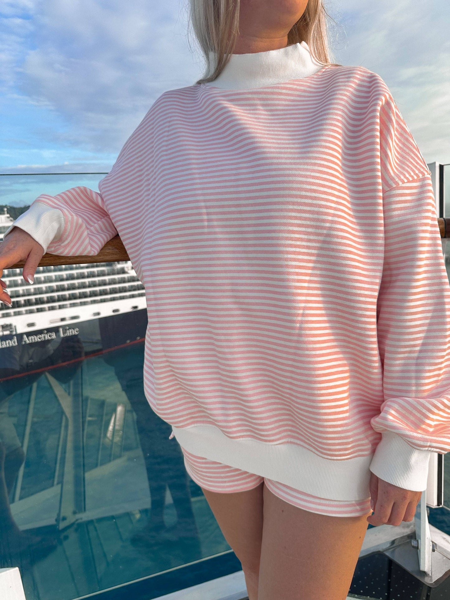 Light Pink and White Striped Mockneck Sweatshirt