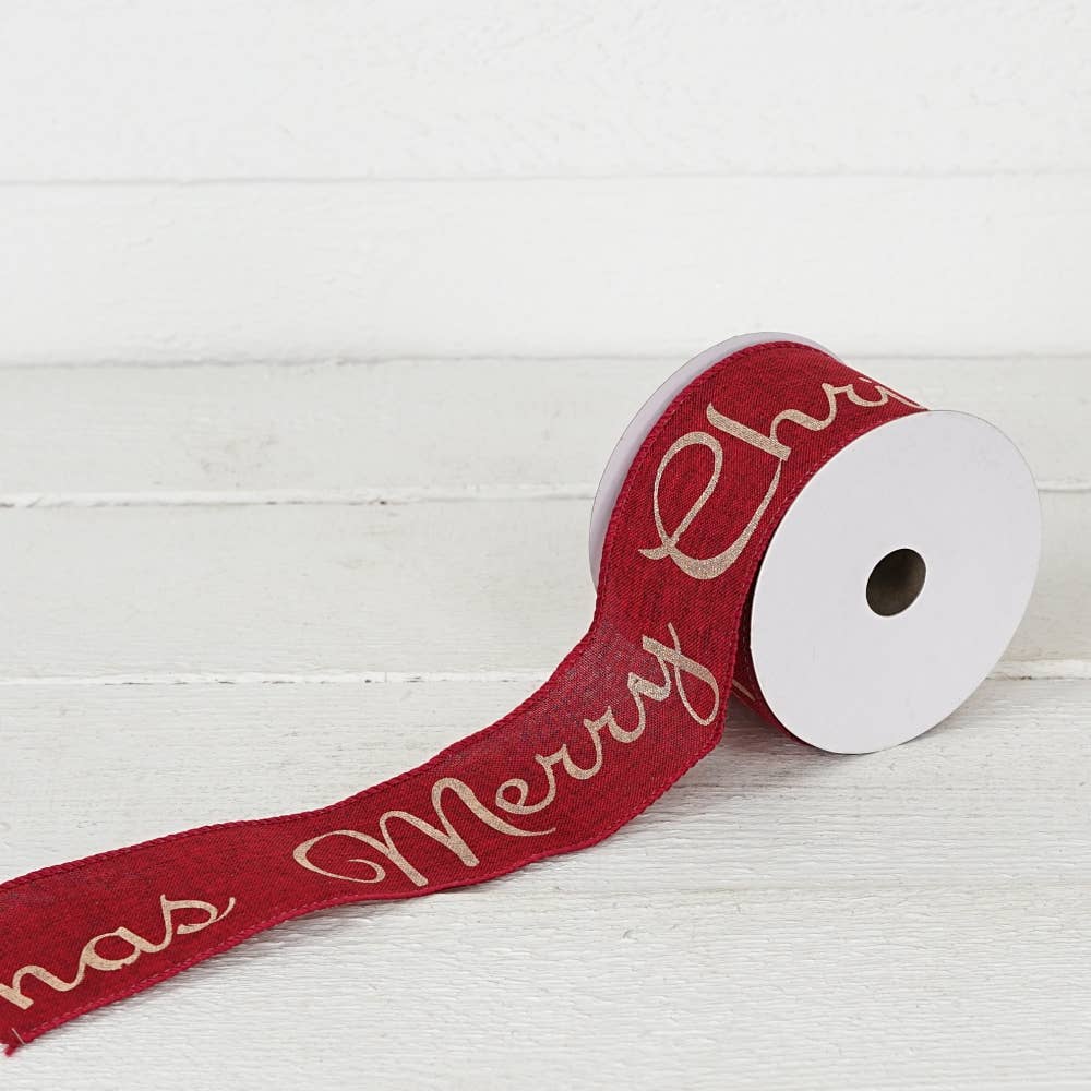 R32922-Wired Ribbon-Burlap Red w. "Merry Christmas" (2.5inW)