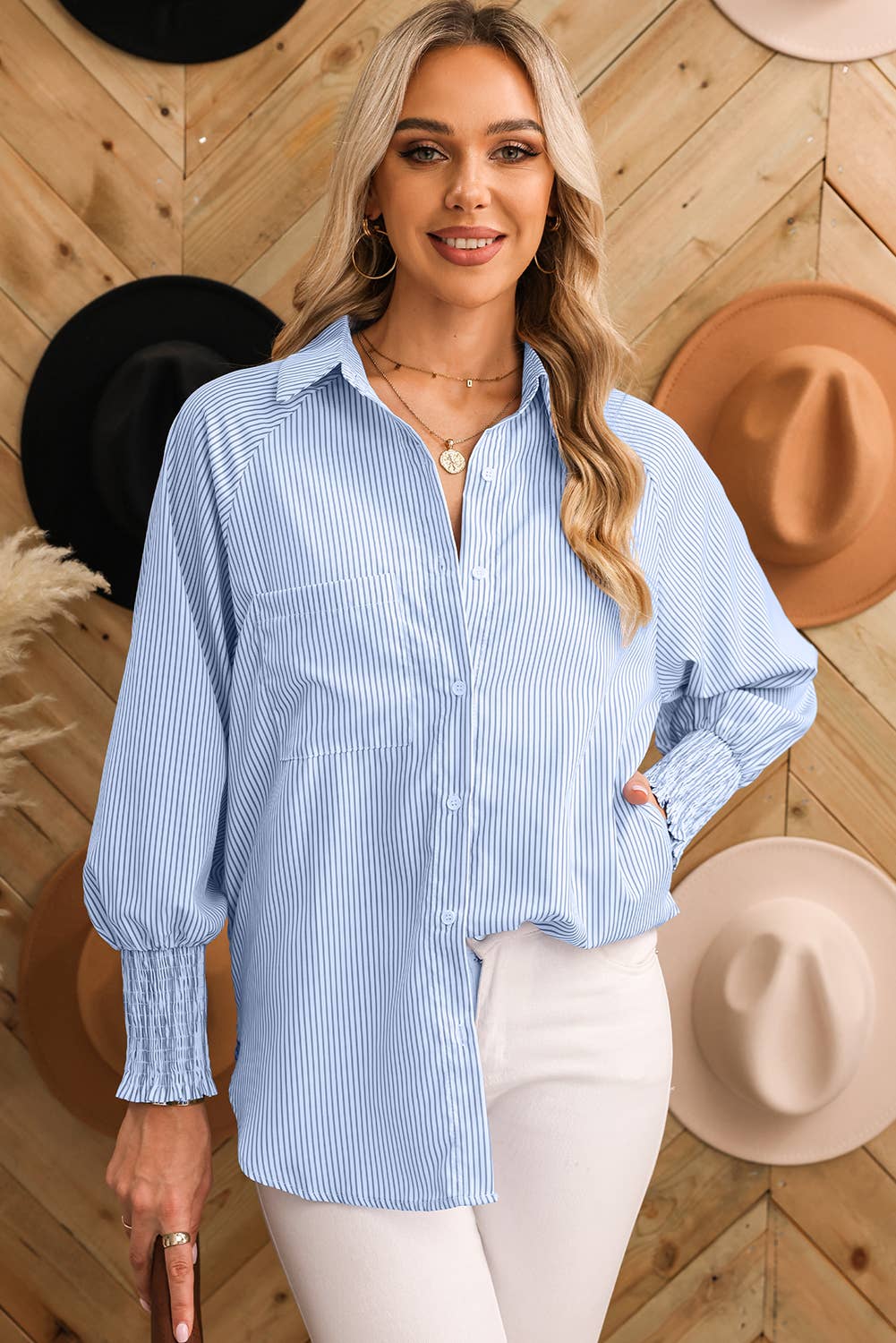 Smocked Cuffed Striped Boyfriend Shirt with Pocket | S-XL