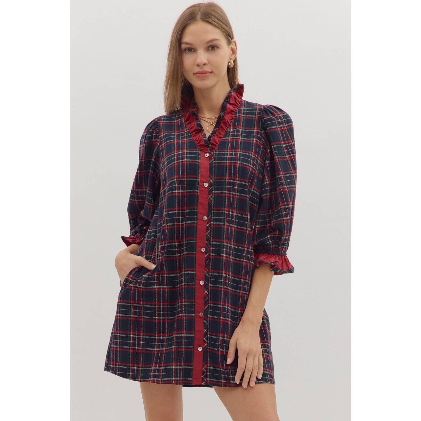 Plaid puff sleeve mini dress