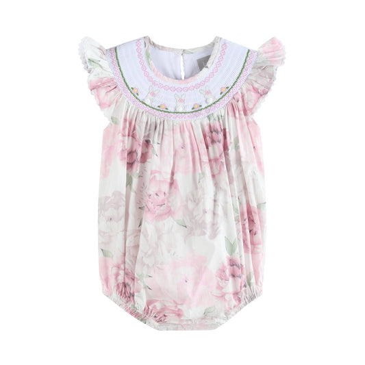 Pink and White Peony Bunny Smocked Flutter Romper