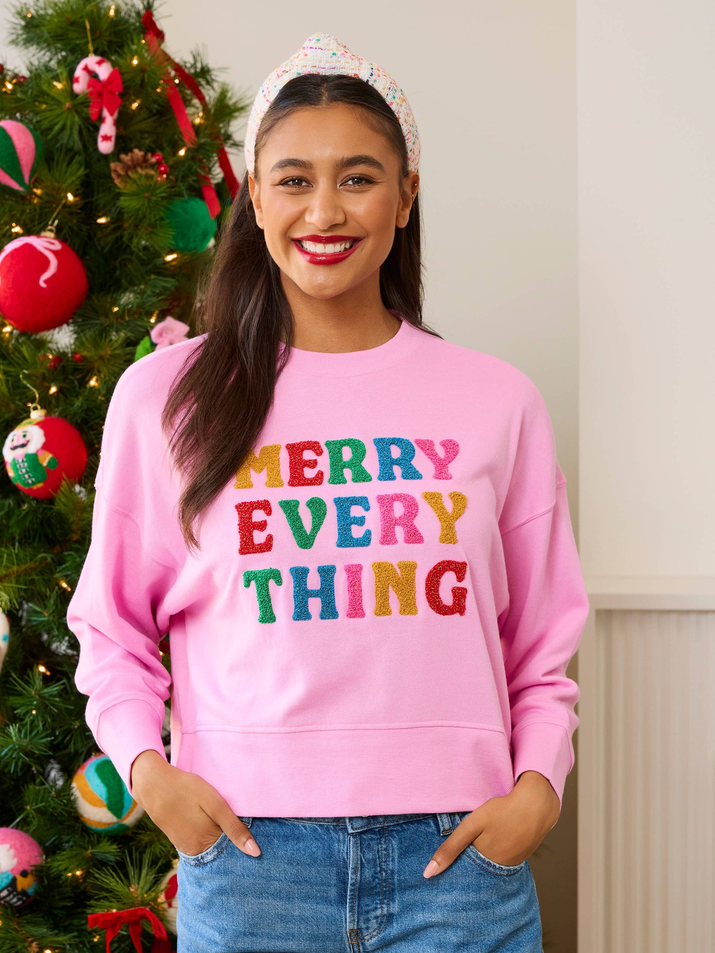 "MERRY EVERYTHING" RELAXED SWEATSHIRTS,CANDY PINK