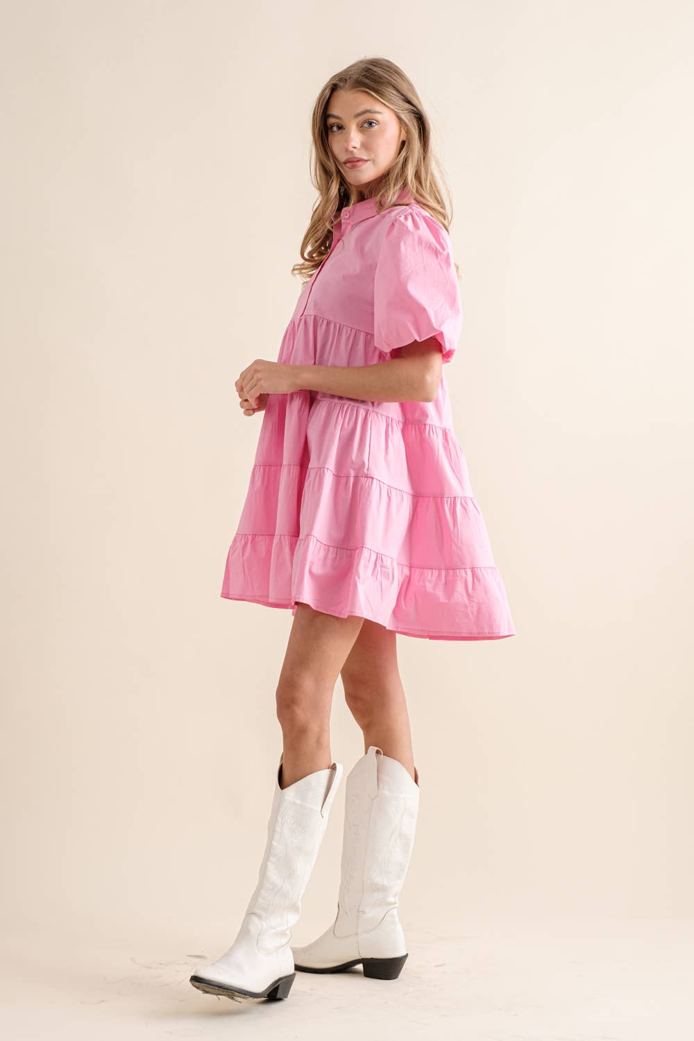 Button Up Tiered Puff SLV Shirt Dress