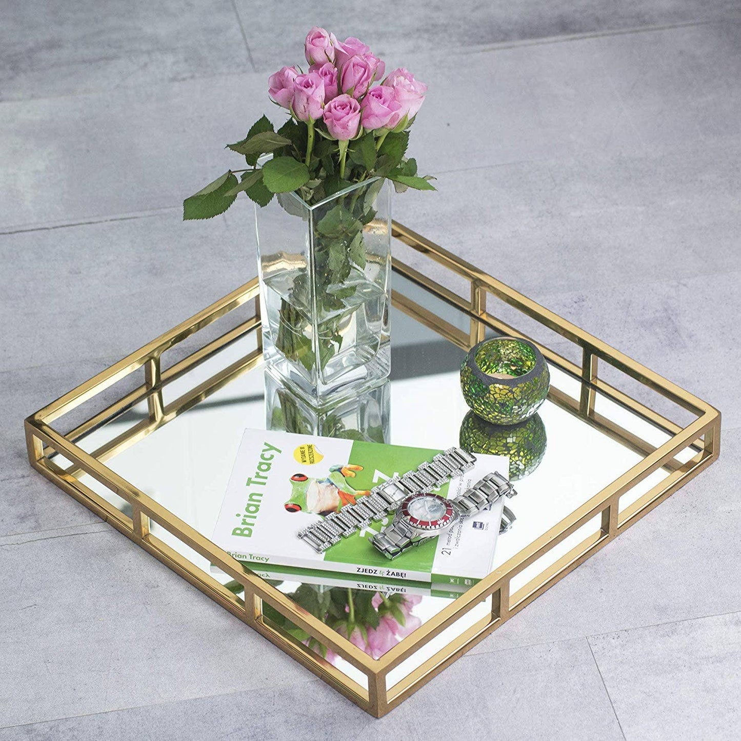 16" Square Mirror Tray- Gold