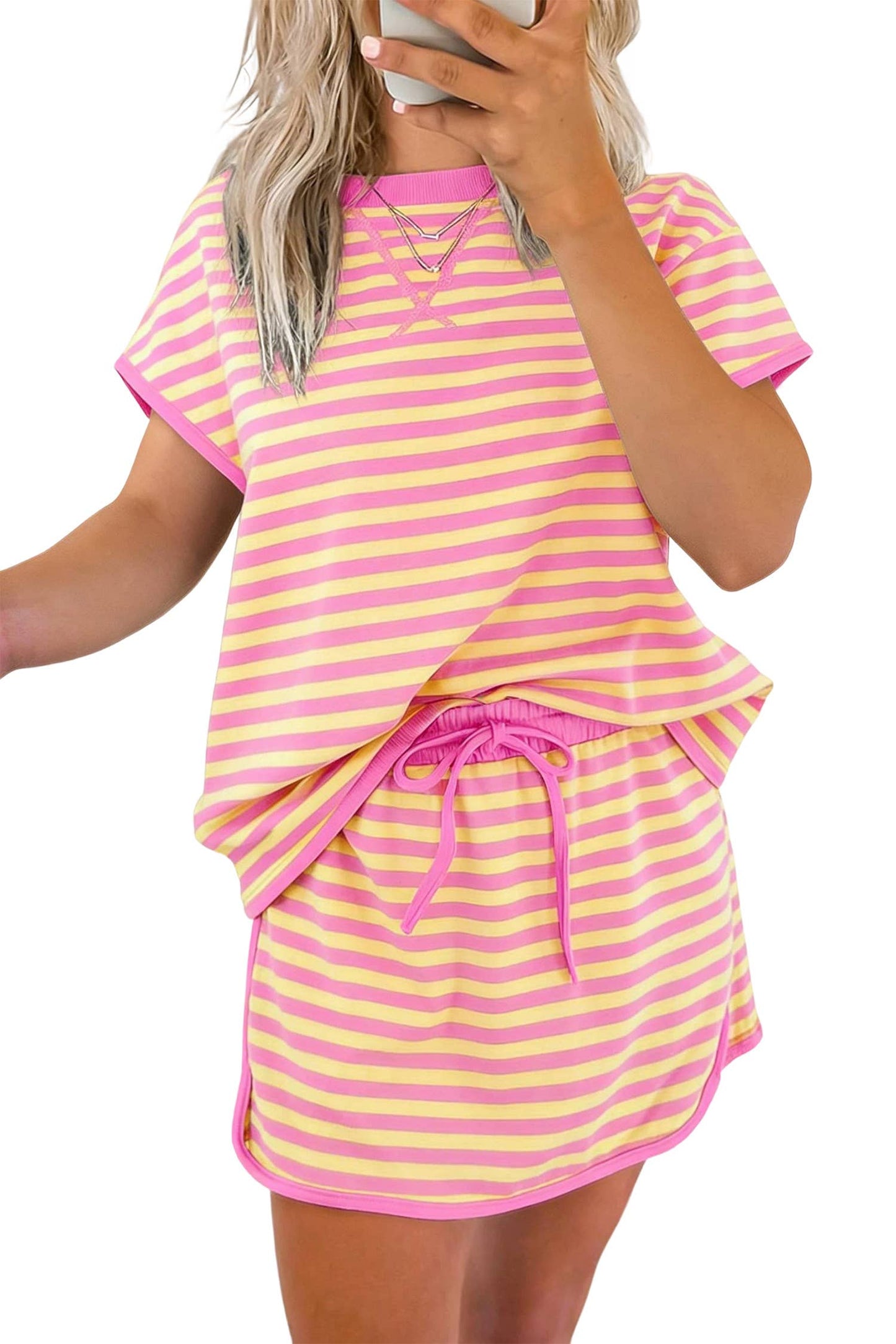 Stripe Short Sleeve Top and Skirt Lounge Set (S-XL)