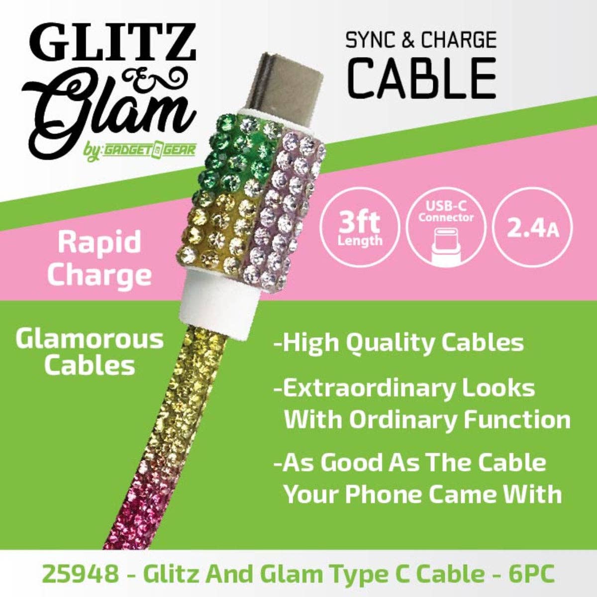 Glitz N Glam USB to USB-C 3FT Sync Charge Cable - 6/Display
