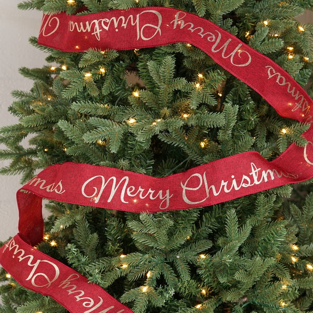 R32922-Wired Ribbon-Burlap Red w. "Merry Christmas" (2.5inW)