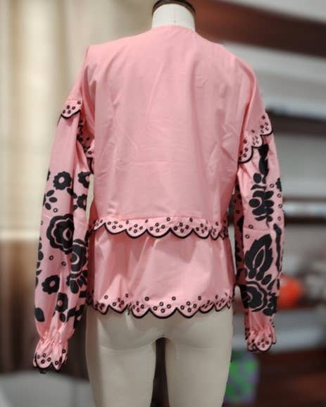 Lace-Up Embroidered Long-Sleeved V-Neck Shirt