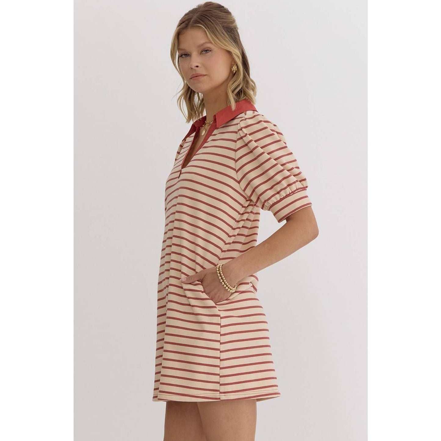 Stripe print v-neck puff sleeve collared dress