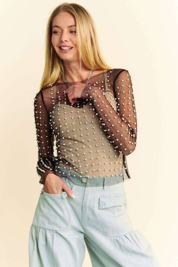 BEAD AND PEARL EMBELLISHED LONG SLEEVES MESH TOP