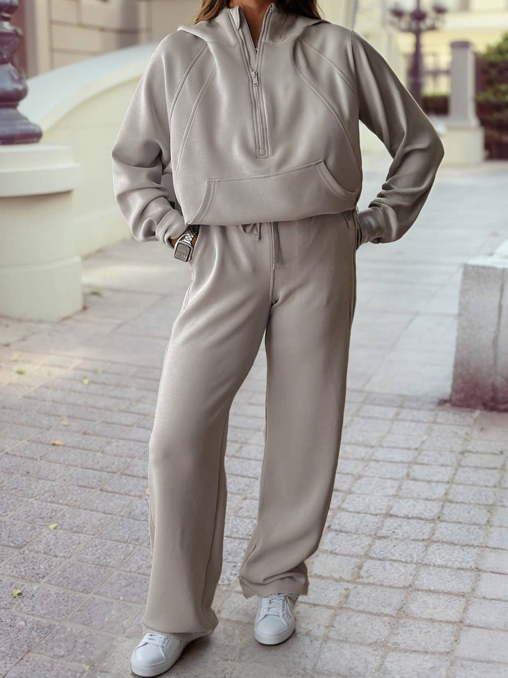 Half Zip Thumbhole Sleeve Hoodie Active Pants 2pcs Outfit