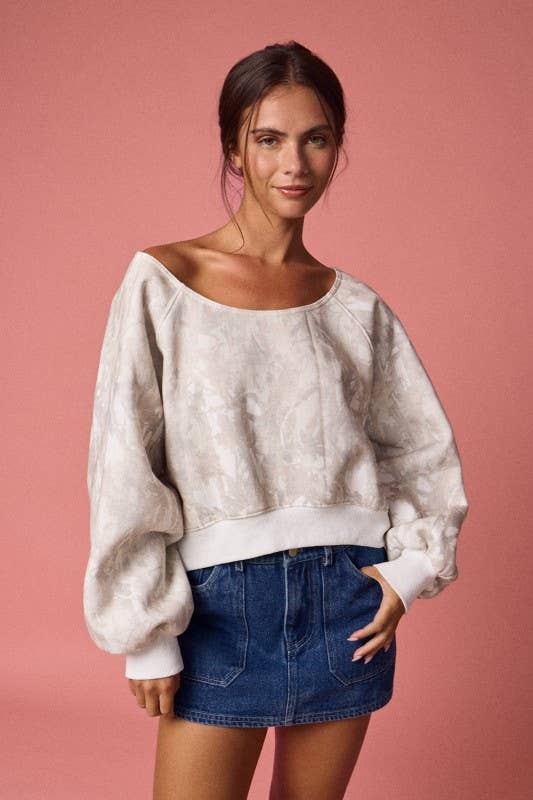 Nature Camo Print Off-Shoulder LS Top