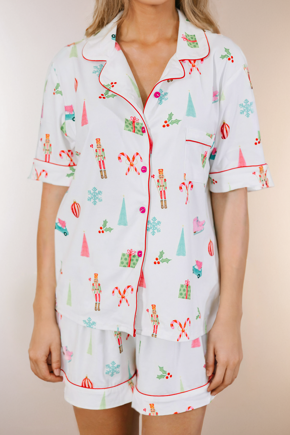 Christmas Print Short Sleeve Shirt and Shorts Loungewear