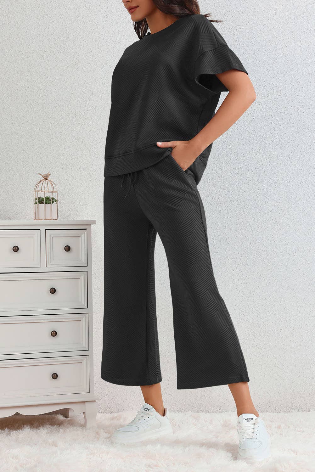 Textured Loose Fit T Shirt and Drawstring Pants Set