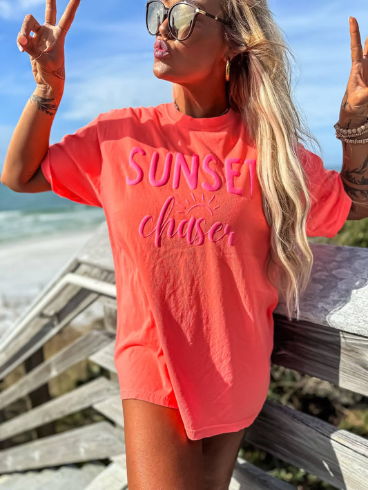 Sunset Chaser Puff Neon Red Orange Graphic Tee