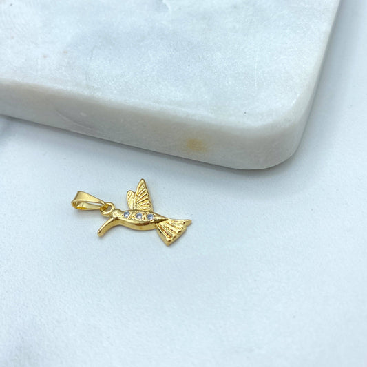 18k Gold Filled Hummingbird Charm Featuring Cubic Zirconia, Cute Bird Charm