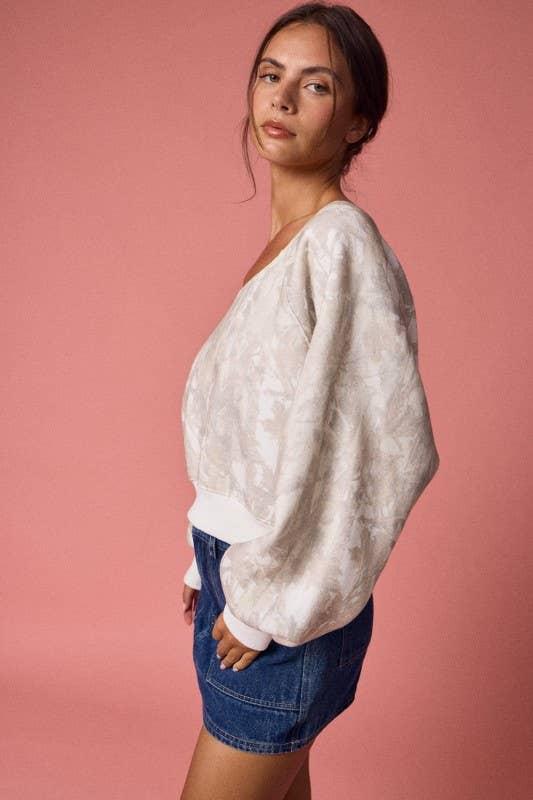 Nature Camo Print Off-Shoulder LS Top