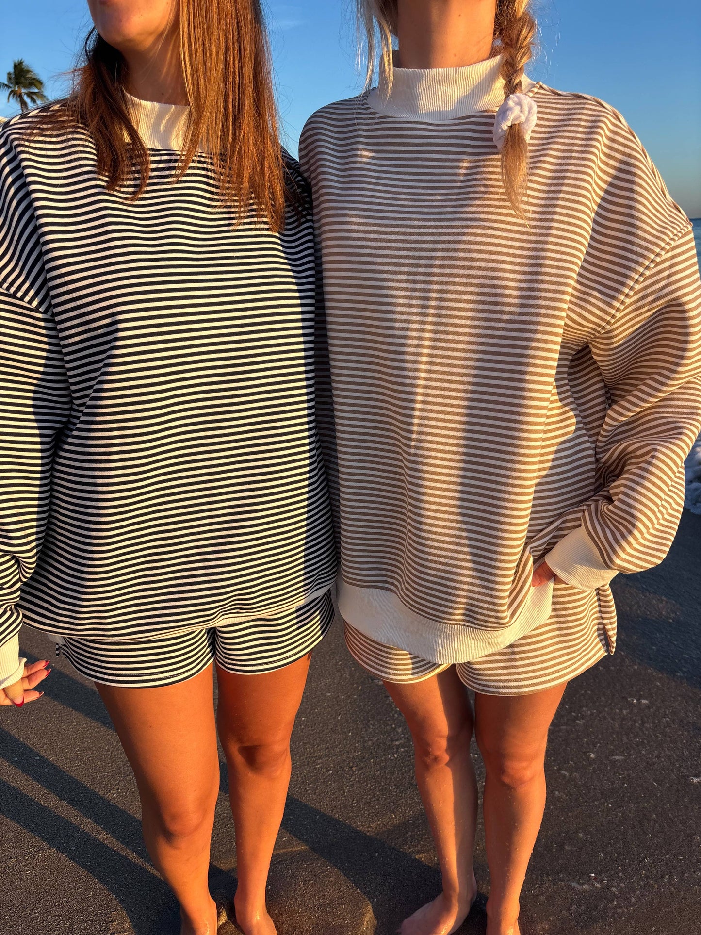 Brown and White Striped Mockneck Sweatshirt