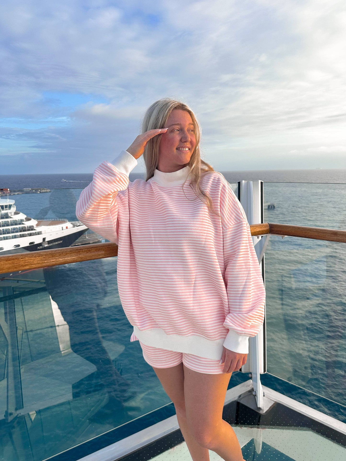 Light Pink and White Striped Mockneck Sweatshirt