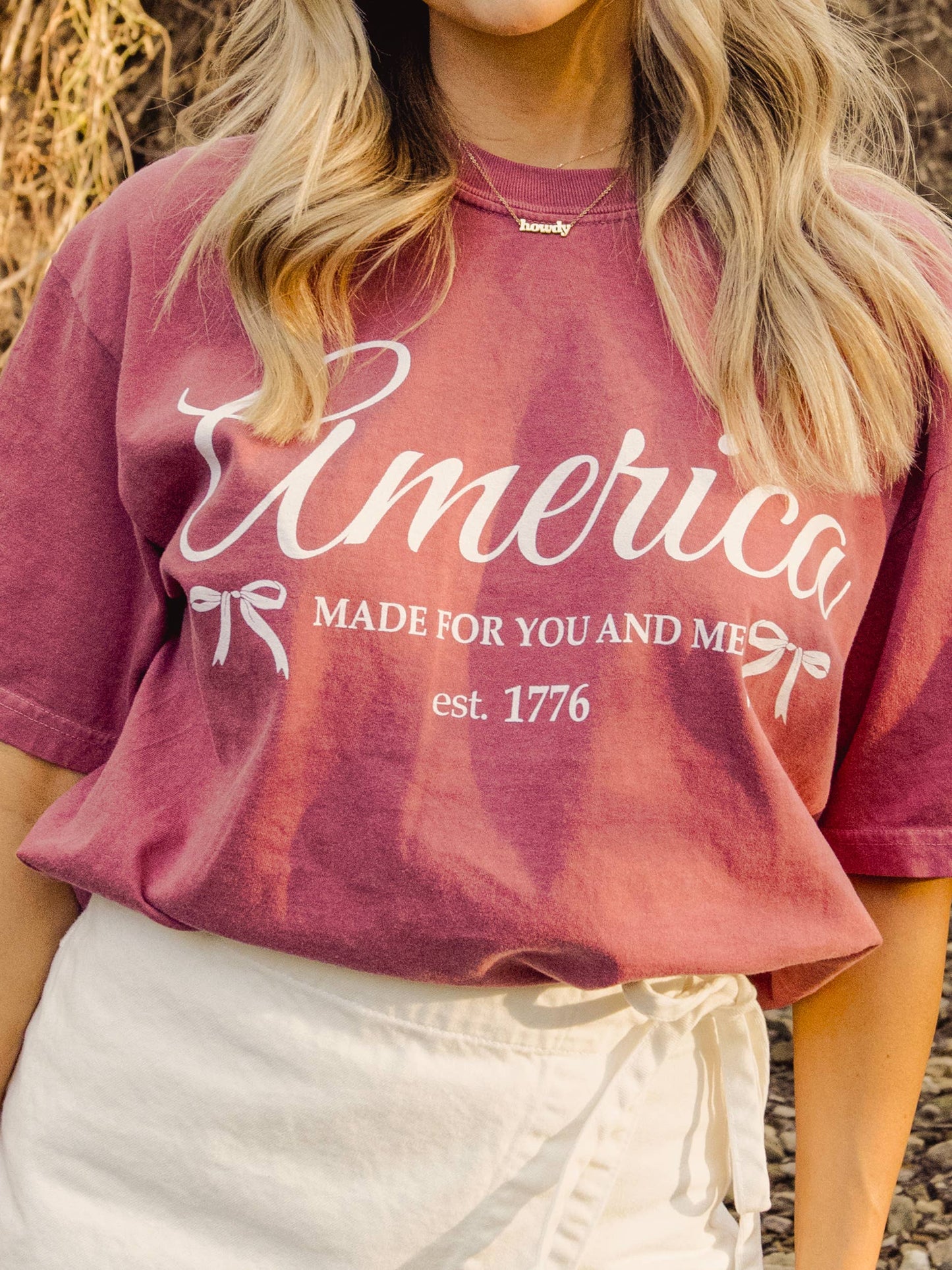 4th of July America 1776 Bows Crimson Comfort Colors Tee