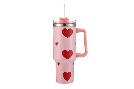 Red Heart Themed Pink 40 oz Tumbler Cup