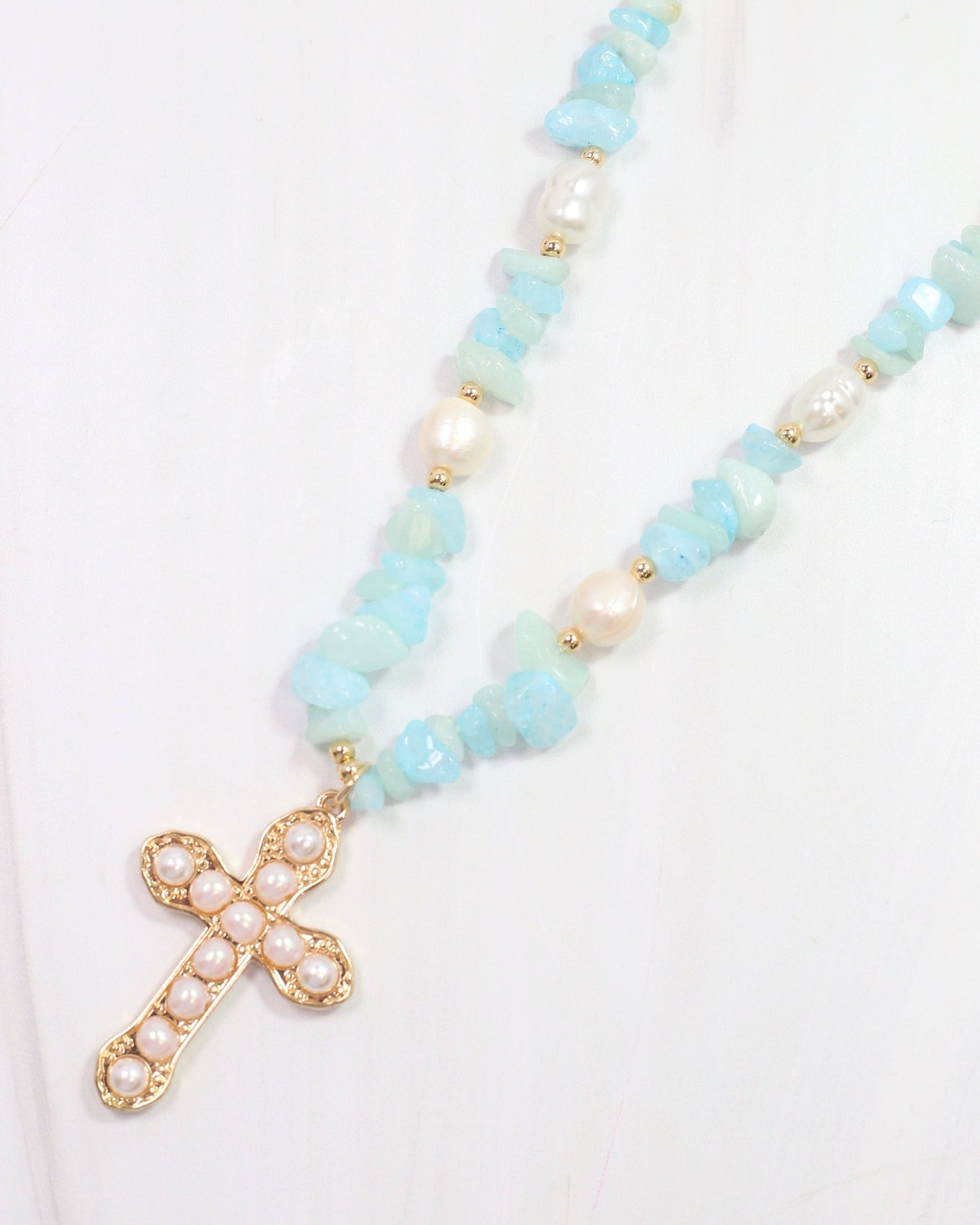 Ankara Mixed Bead Cross Necklace Gold