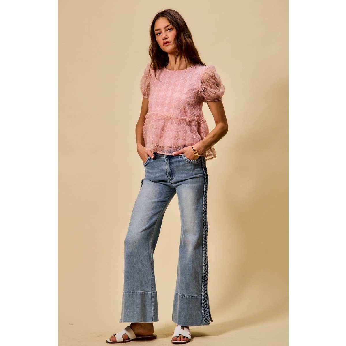 Wide Leg Flare Denim Jeans With Side Braids