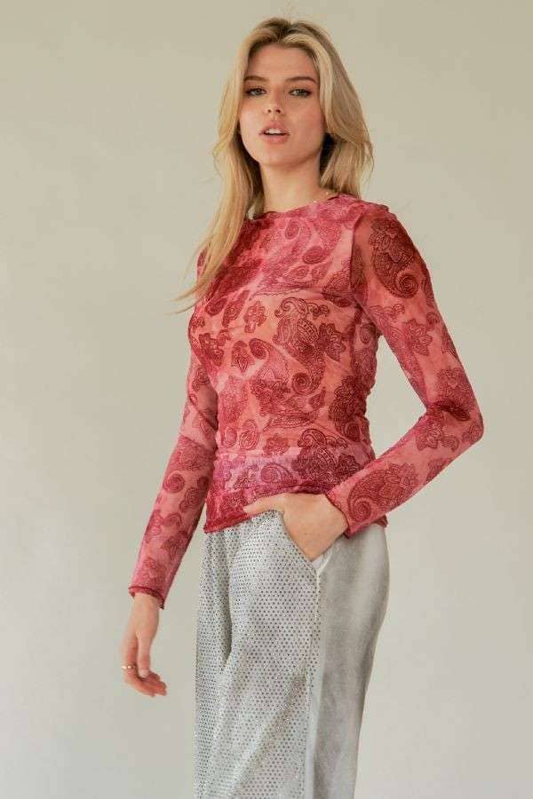 MESH PATERN PRINTED LONG SLEEVE LAYERING TOP