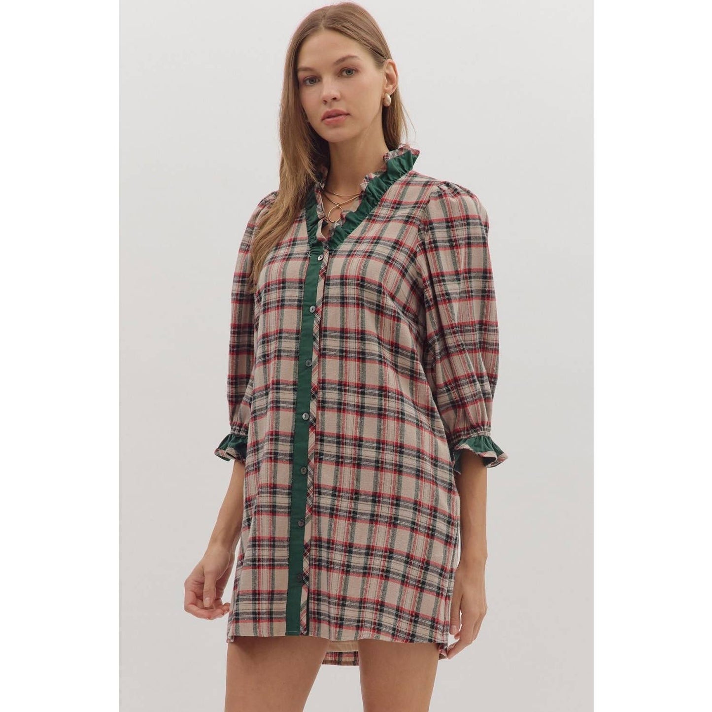 Plaid puff sleeve mini dress