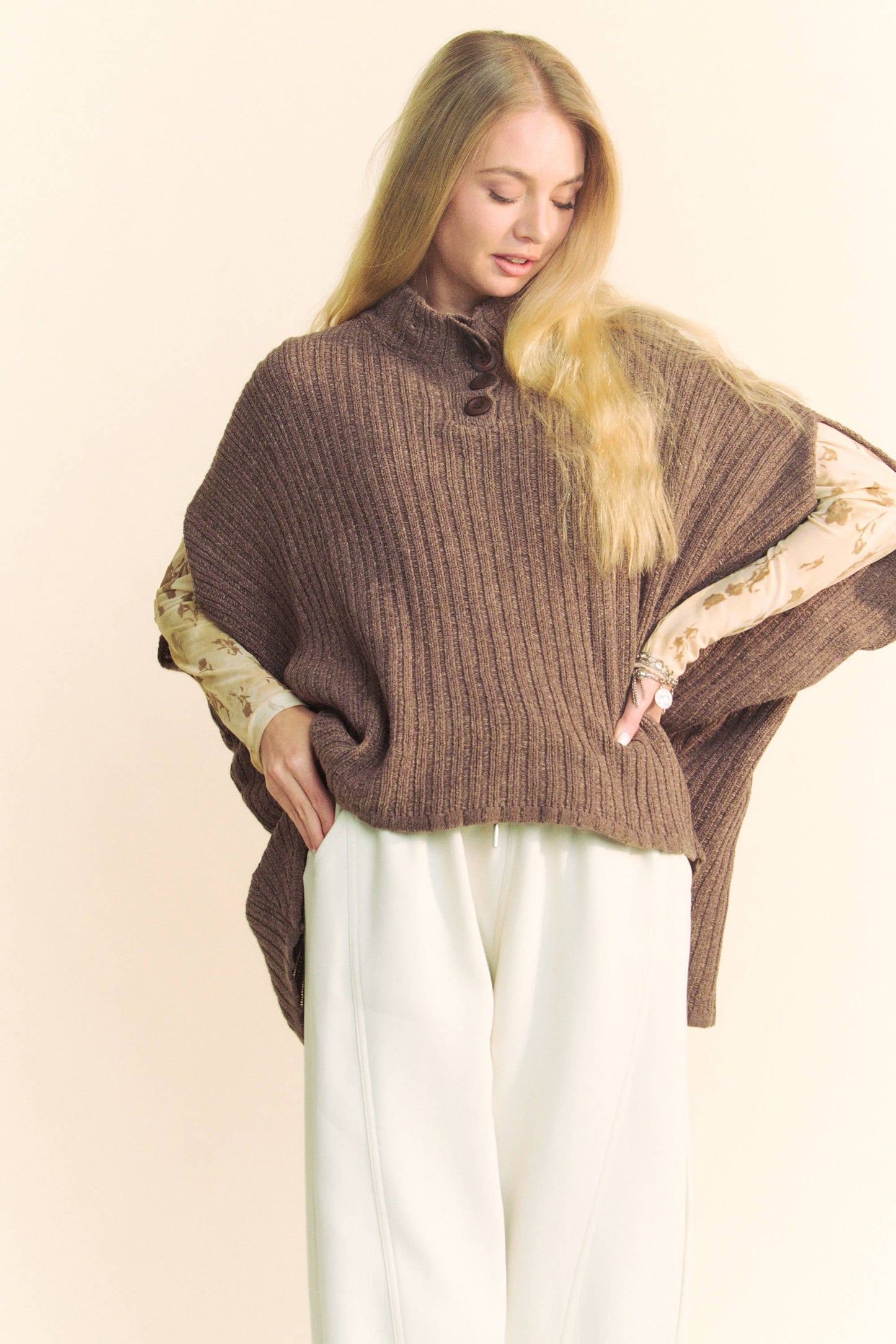 SOLID CREW NECK MIDI SLIT SLEEVE BUTTON SWEATER