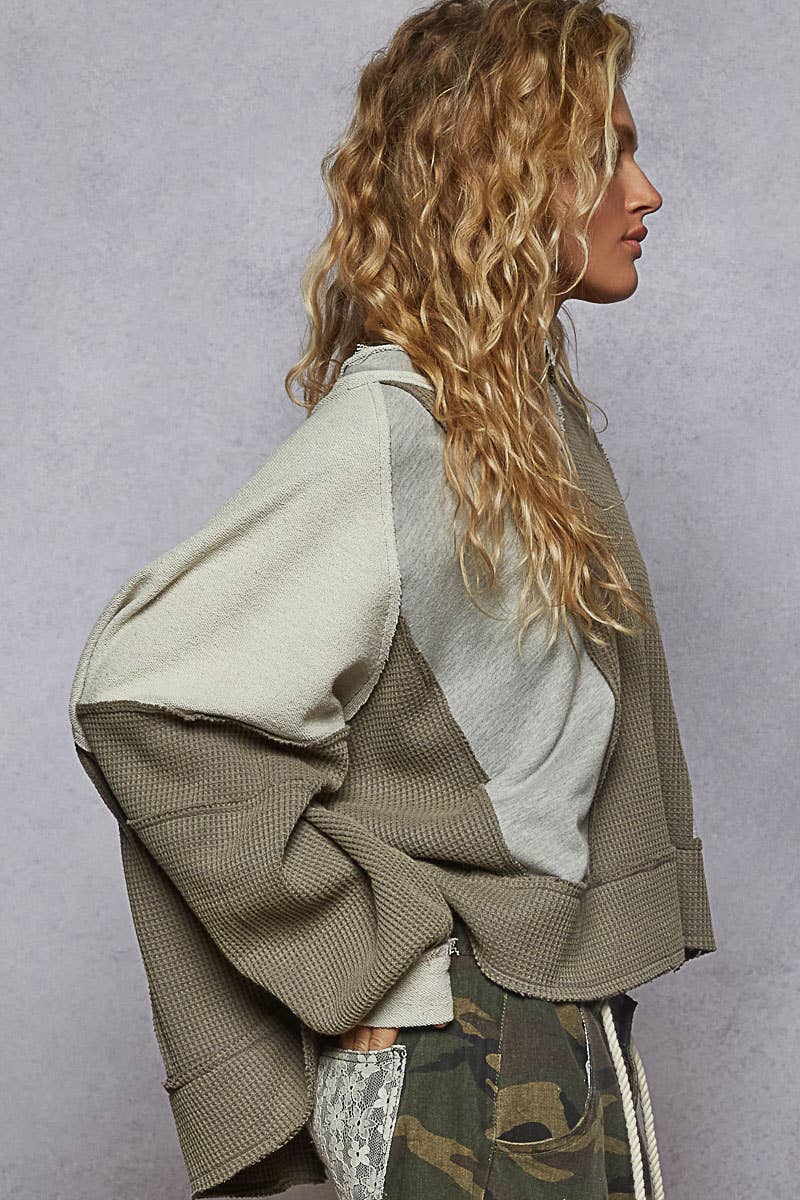 Notched neck contrast fabric basic long sleeve top