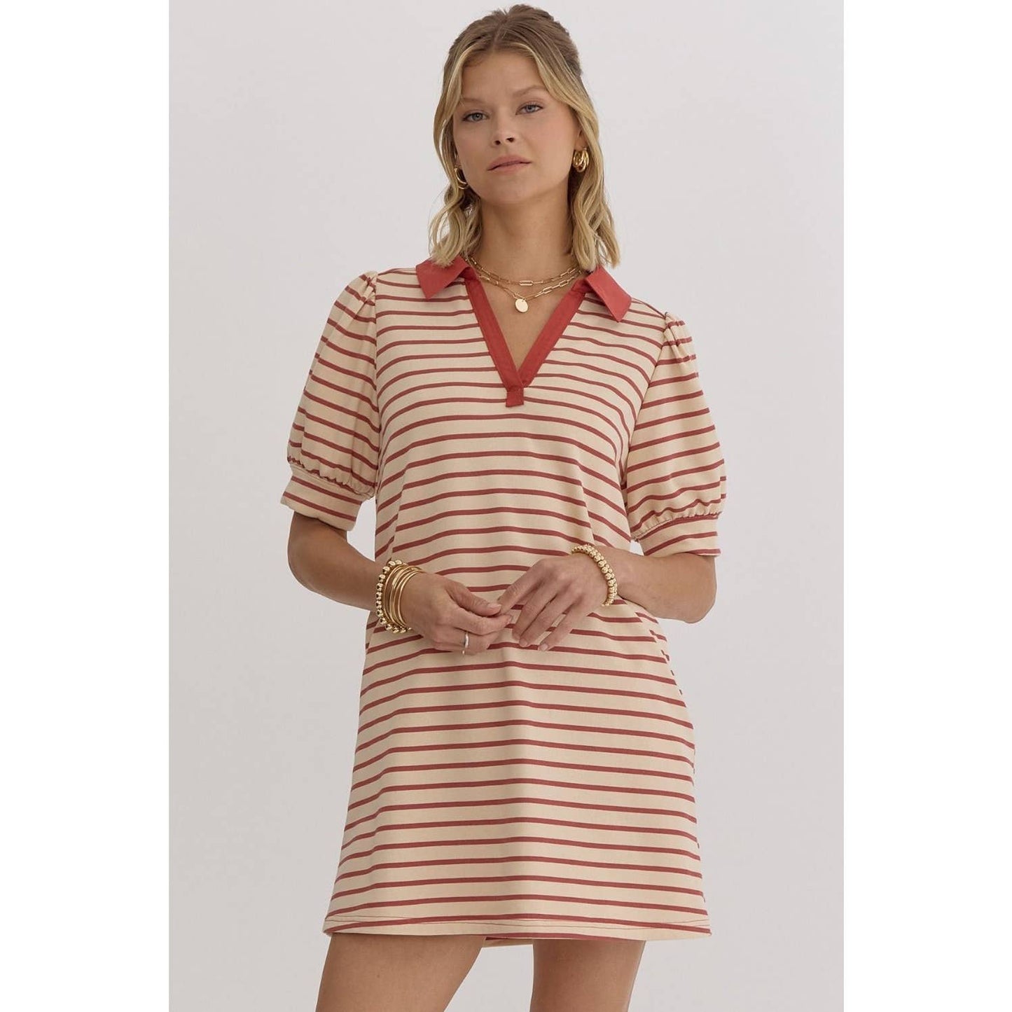 Stripe print v-neck puff sleeve collared dress