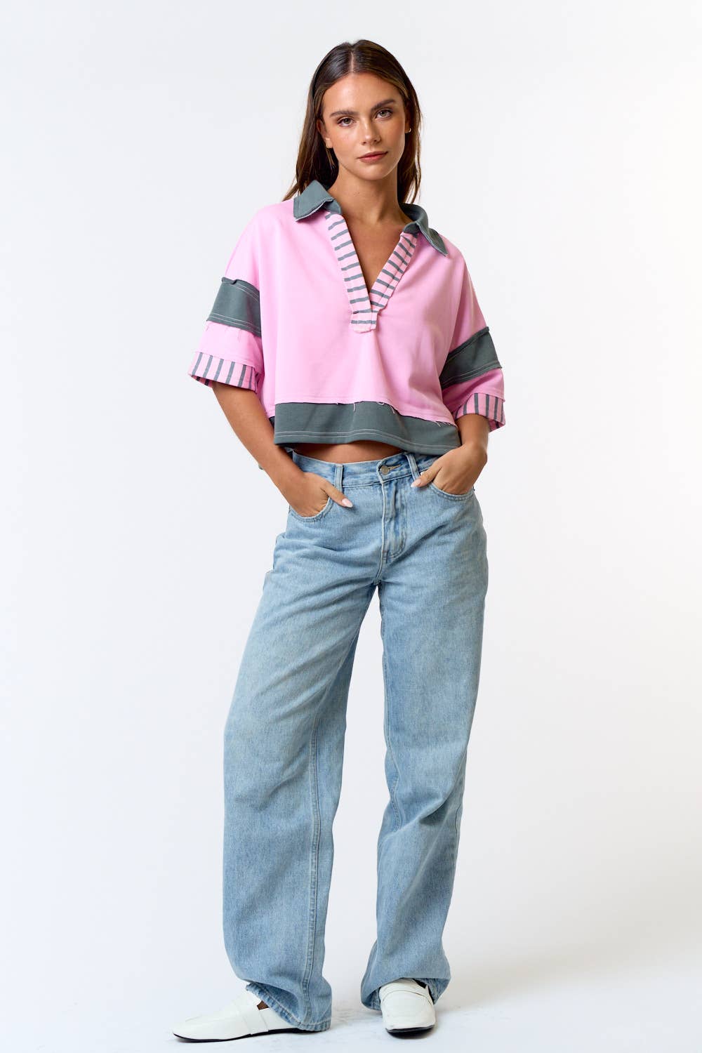 STRIPE MIX FRENCH TERRY CROP POLO SHIRT TOP