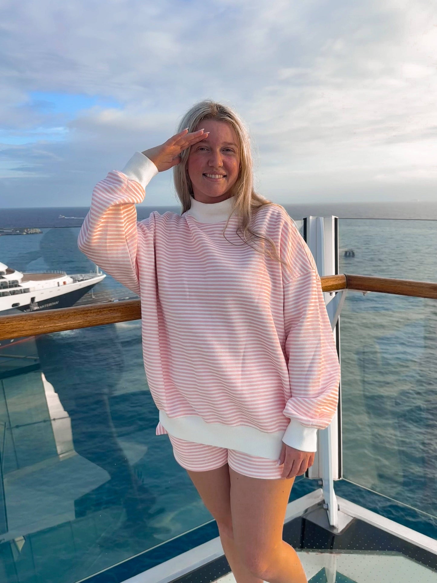 Light Pink and White Striped Mockneck Sweatshirt