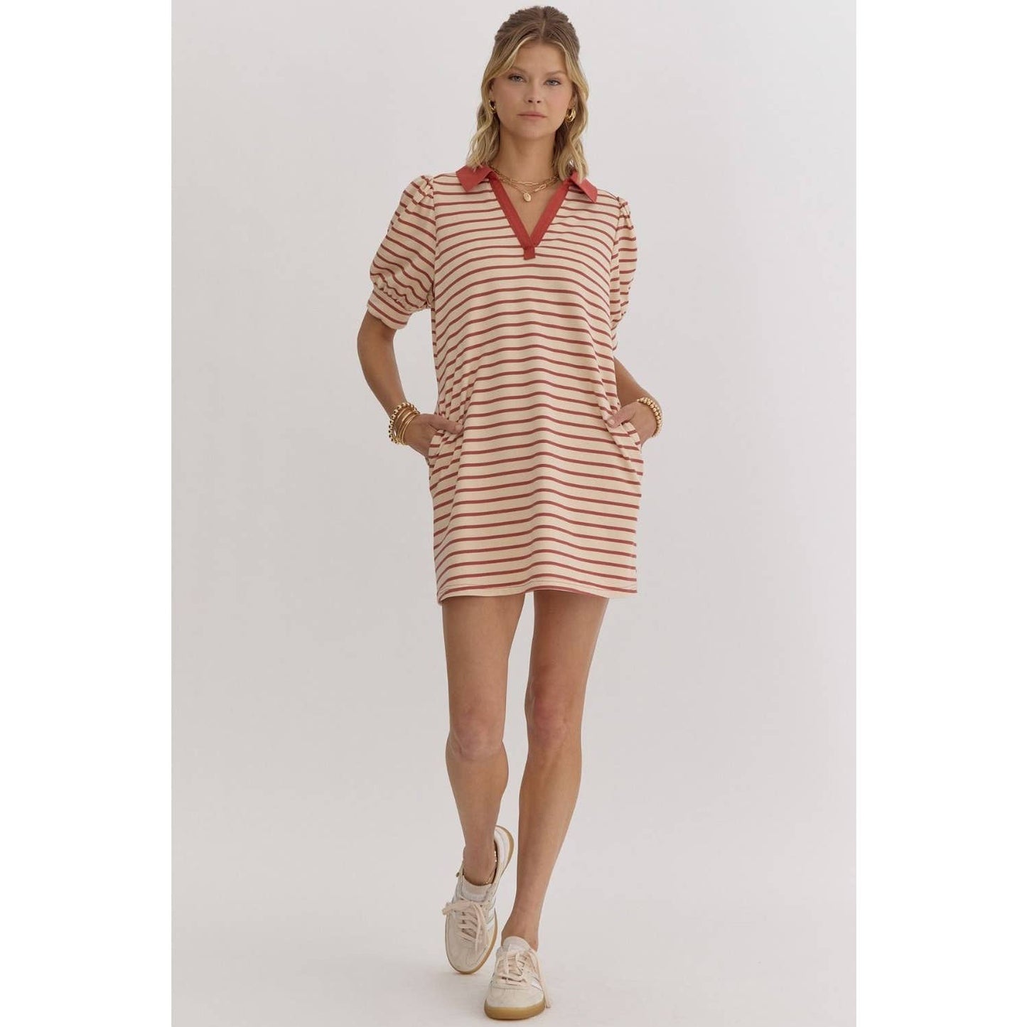 Stripe print v-neck puff sleeve collared dress