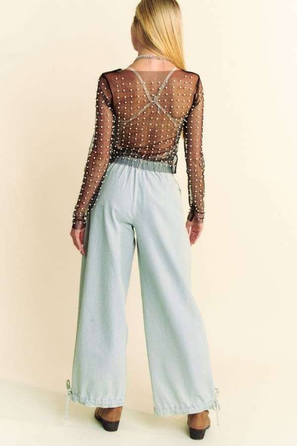 BEAD AND PEARL EMBELLISHED LONG SLEEVES MESH TOP