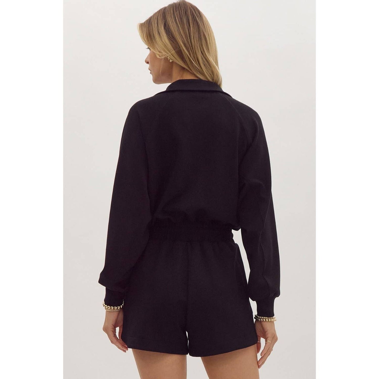 Solid long sleeve half zip collared romper