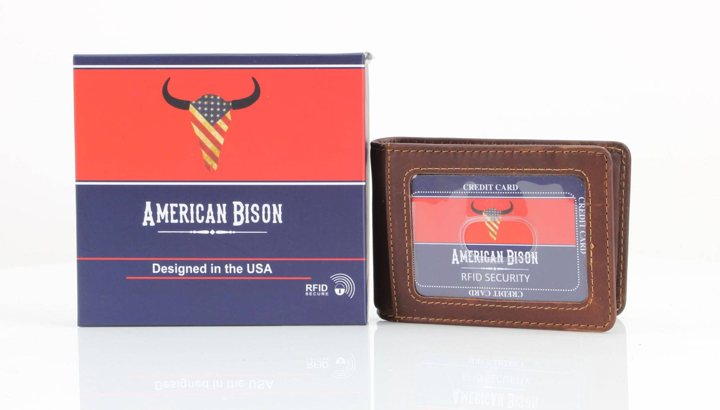 American Bison RFID Leather Bi Fold Money Clip Wallet