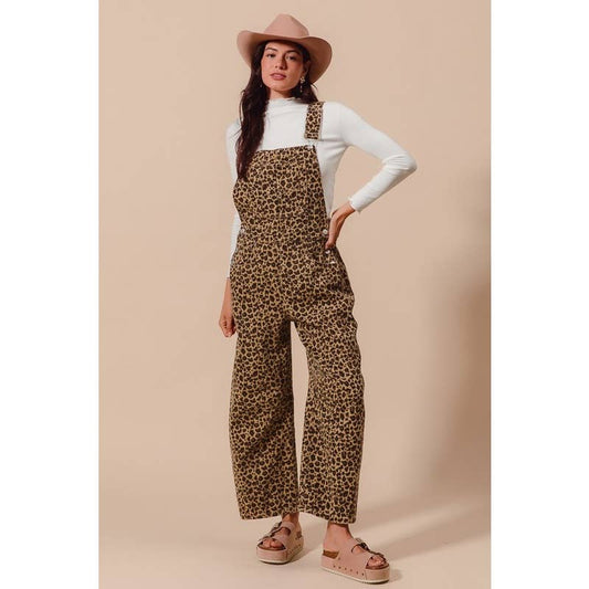 LEOPARD TWILL SLOUCHY BARREL OVERALLS JUMPSUIT