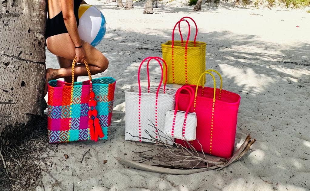 Fuchsia & Turq. Handwoven recycled plastic beach Bags