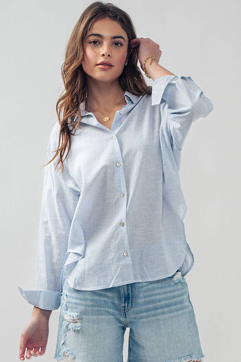 Lightweight Pinstripe Button Down in Cotton Linen Blend