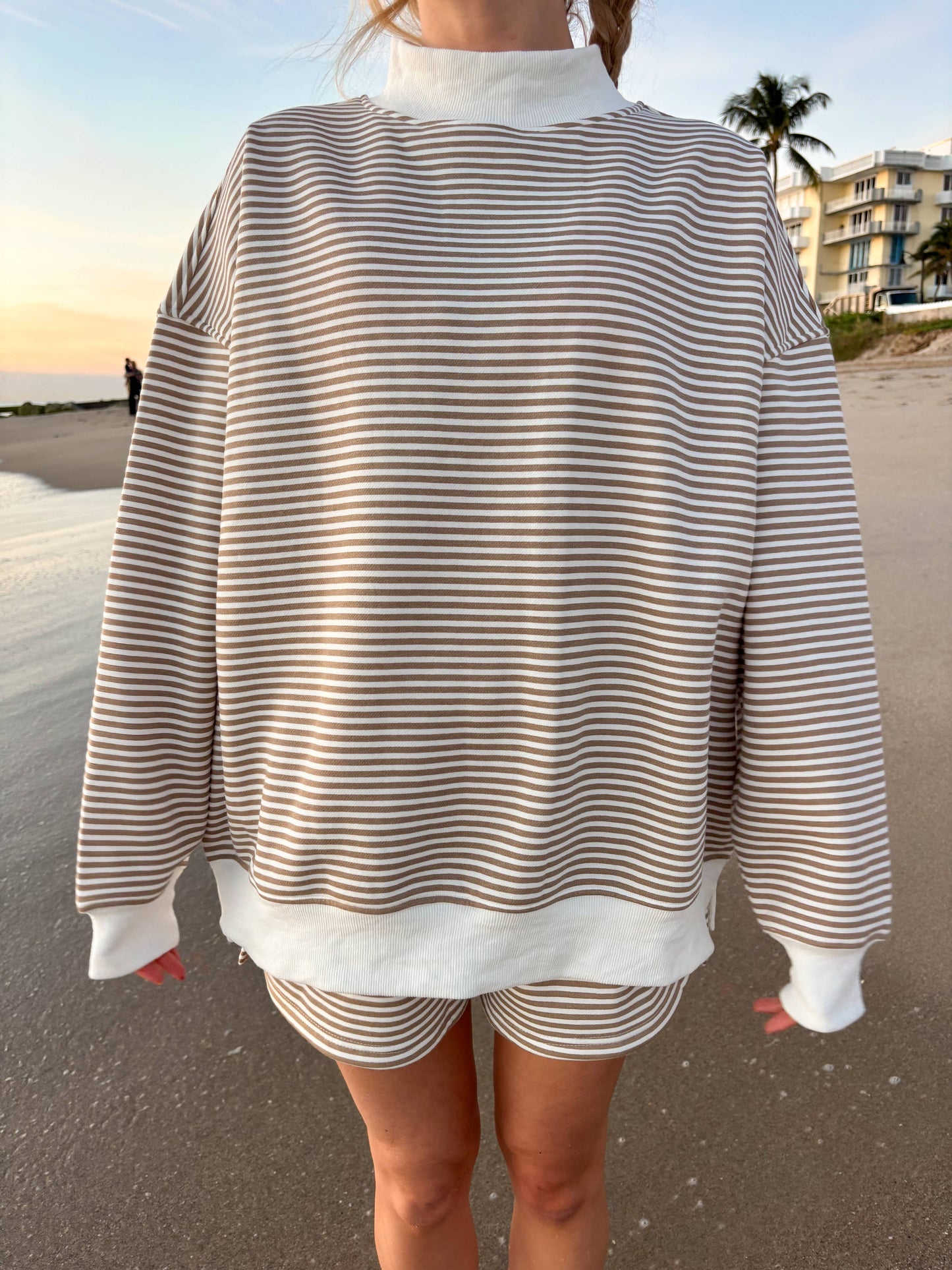 Brown and White Striped Mockneck Sweatshirt