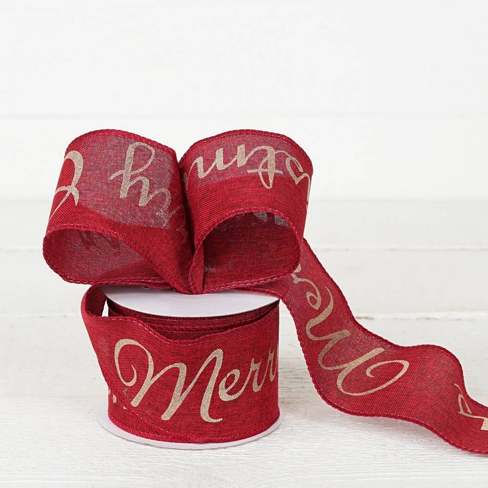 R32922-Wired Ribbon-Burlap Red w. "Merry Christmas" (2.5inW)