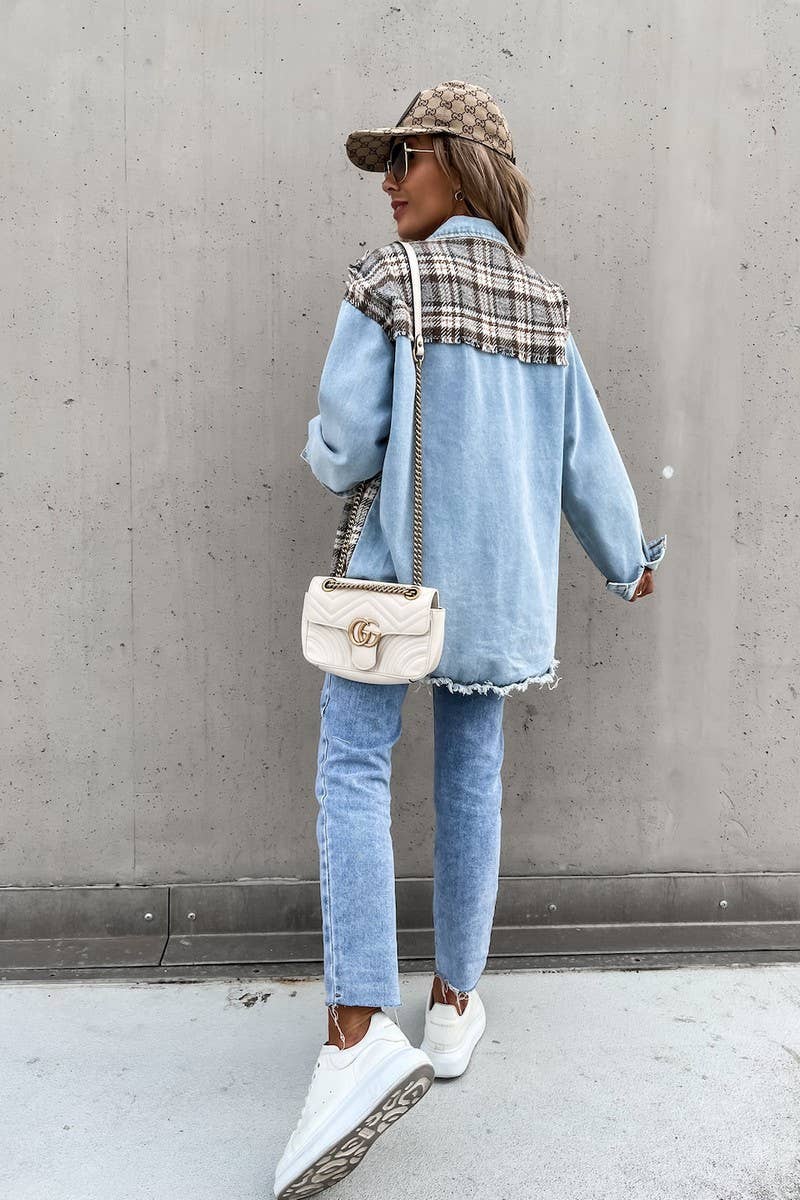 WOMEN DENIM PATCHWORK PLAID JACKET